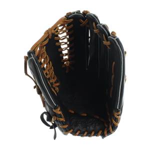 Interior view of a black baseball glove with tan lacing and white piping.