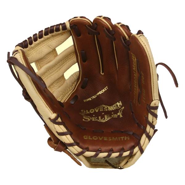 Top-down view of a brown baseball glove with tan lining, GLOVESMITH SELECT branding, and SURE TRAP POCKET text.