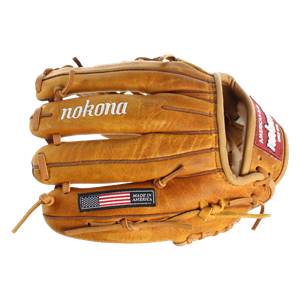 Front view of a tan baseball glove with nokona branding, an American flag patch, and MADE IN AMERICA text.