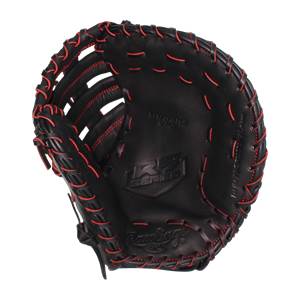 Top-down view of a black first base mitt with red stitching and Rawlings branding.