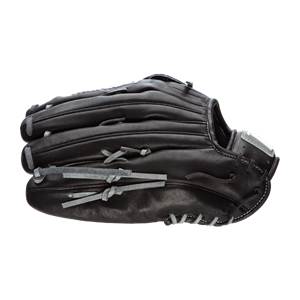Side view of a black baseball glove with grey lacing and a silver accent on the wrist strap.