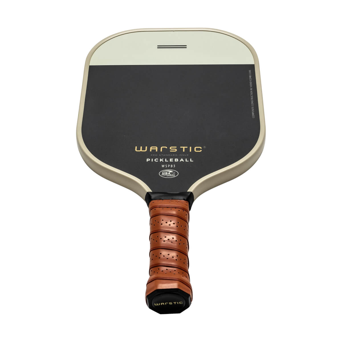 Front view of a black and cream pickleball paddle with WARSTIC PICKLEBALL text and a brown perforated grip.