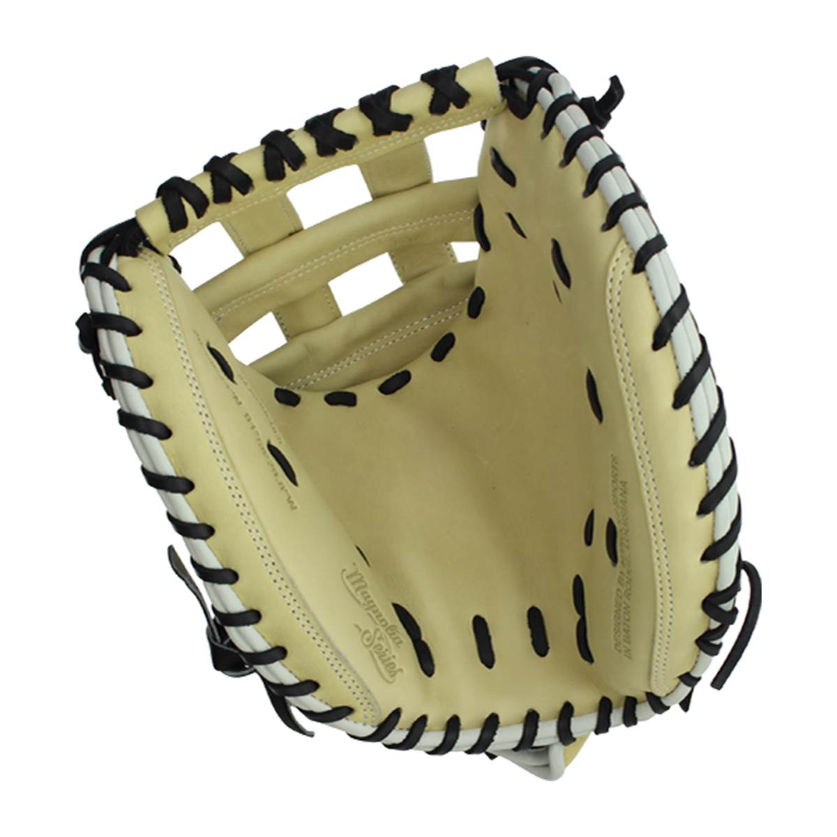 Top-down view of a tan catchers mitt with black and white lacing and Magnolia Series text.