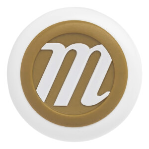 Top-down close-up of a white bat end cap with a gold circular border and a raised white m logo.