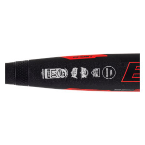 Close-up of a black fastpitch softball bat with GHOST in red and multiple certification stamps.