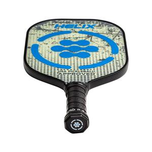 Top-down view of a black pickleball paddle with blue HELIX logo and USA Pickleball Approved text.