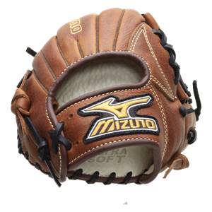 Front view of a brown baseball glove with Mizuno logo and ULTRA SOFT text.