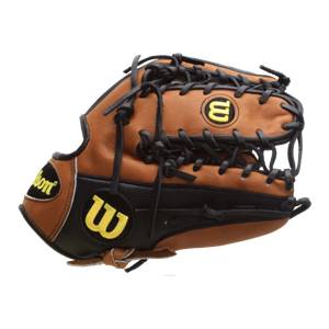 Side view of a brown baseball glove with black lacing and yellow Wilson logos.