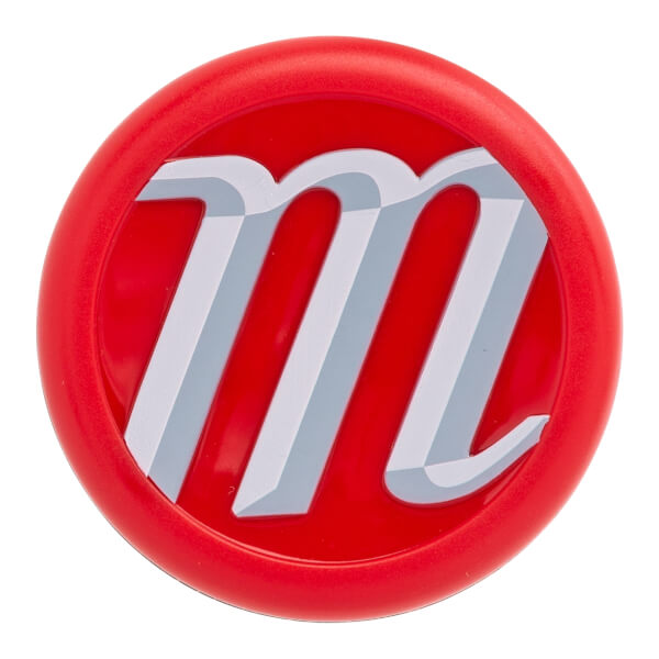 End cap view of a red Marucci bat with a silver and white m logo.