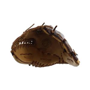 Top-down view of a brown baseball glove with tan lacing and Nokona branding.