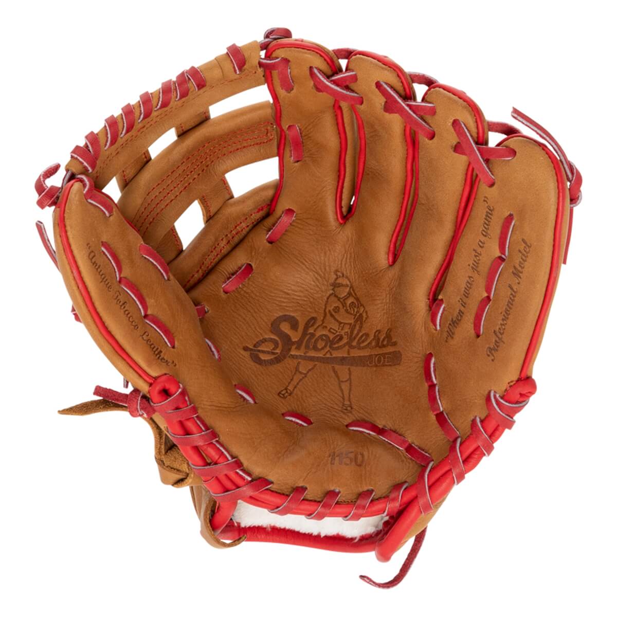 Top-down view of a brown baseball glove with red lacing, a Shoeless Joe logo, and Antique Tobacco Leather text.