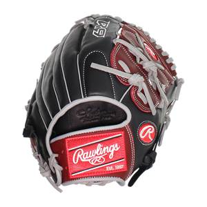 Close-up of a black and red Rawlings R9 baseball glove with white stitching and R9 logo.