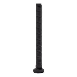 Close-up of a black baseball bat handle with a textured spiral grip and a round knob.