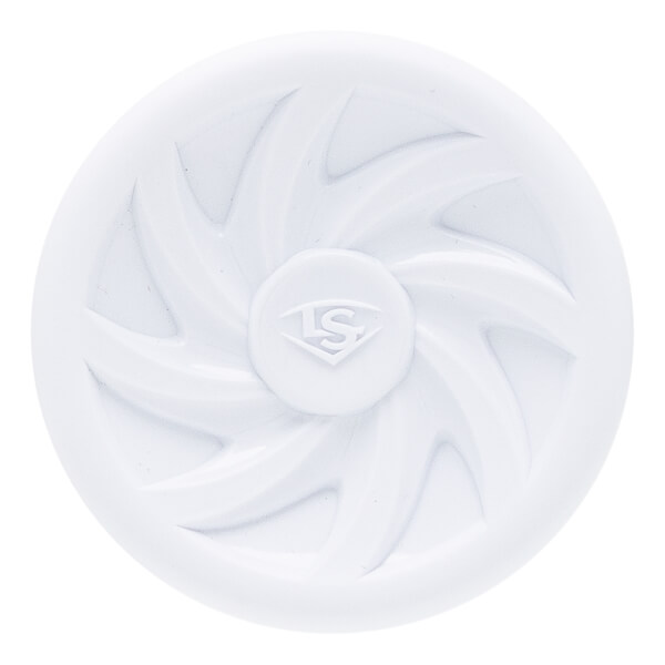 Top-down view of a white softball bat end cap with a raised LS logo and swirling patterns.
