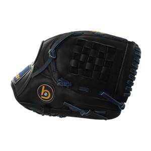 Side view of a black baseball glove with blue lacing and a circular logo.