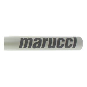 Side view of a white Marucci bat with dark gray lettering.