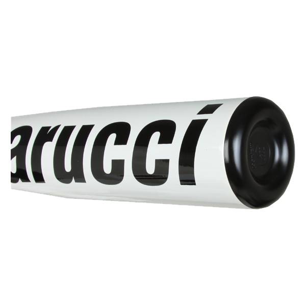 Side view of a white baseball bat with black Marucci text and a black end cap.