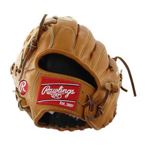 Front view of a tan baseball glove with a red Rawlings logo and Est. 1887.