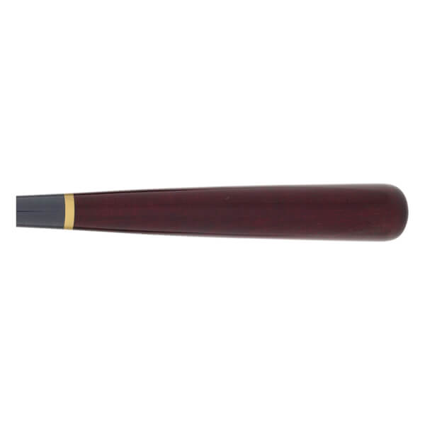 Side view of a dark red baseball bat with a gold band and grey knob.