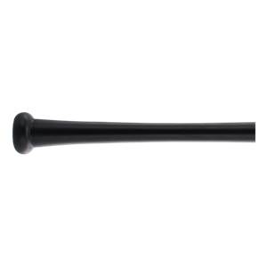 Side view of a black baseball bat with a rounded knob and smooth barrel.