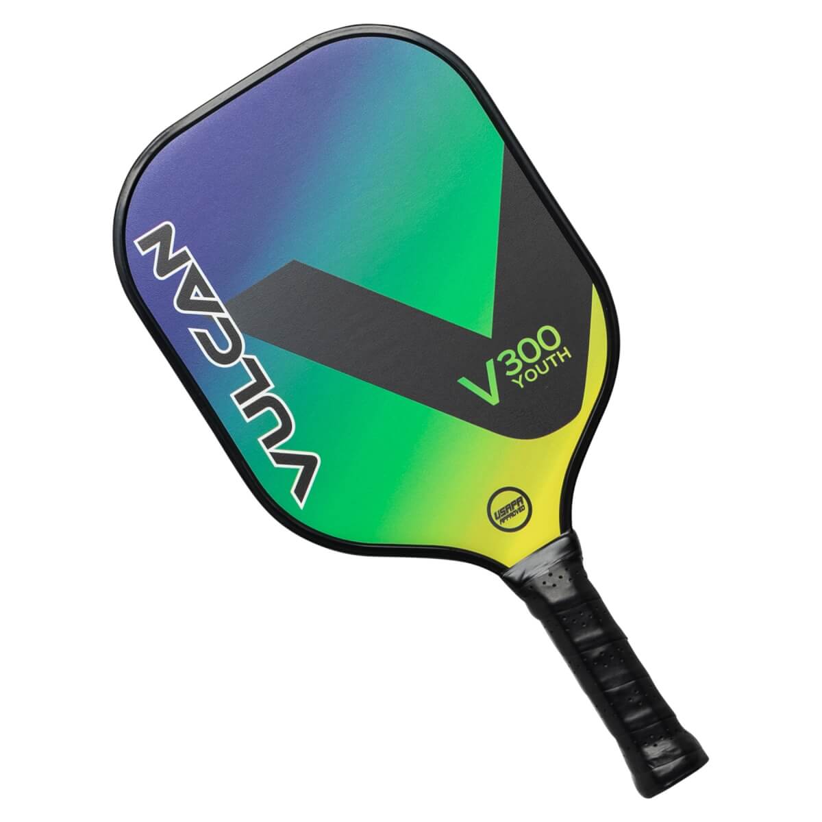 Top-down view of a multicolor pickleball paddle with VULCAN and V300 YOUTH text.
