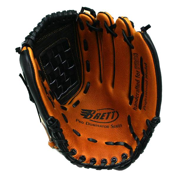 Top-down view of an orange baseball glove with black lacing and Brett Pro Dominator Series text.