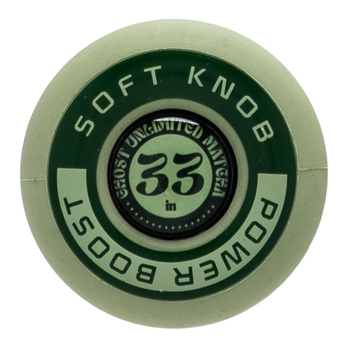 Top-down view of a circular matcha green bat knob featuring the text "SOFT KNOB", "POWER BOOST", and a central "33 in" GHOST UNLIMITED MATCHA medallion.