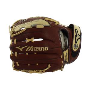 Side view of a brown Mizuno fastpitch glove with tan lacing and a FlexBridge label.