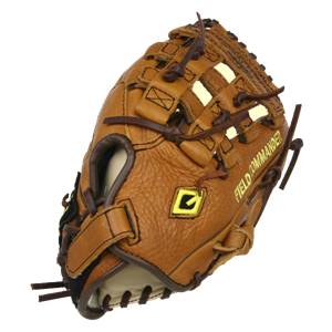 Side view of a brown baseball glove with FIELD COMMANDER text and a yellow logo.