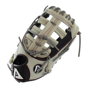 Top-down view of a tan baseball glove with gray lacing and a black pocket.