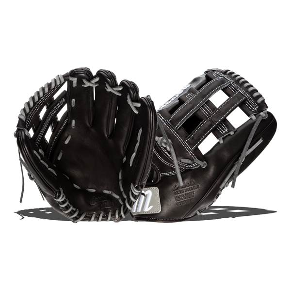 Side view of black baseball gloves with white stitching and a large M logo.