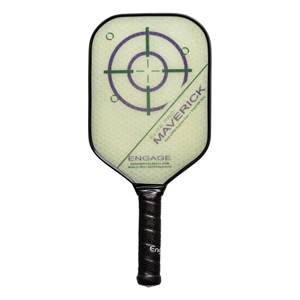 Front view of a light green pickleball paddle with a target design, Maverick text, and a black grip.