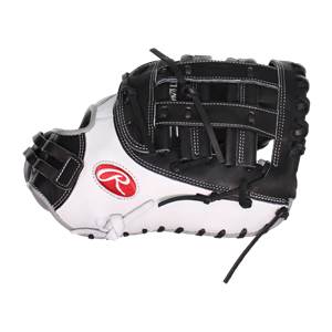 Side view of a black and white Rawlings first base mitt with red R logo and white stitching.