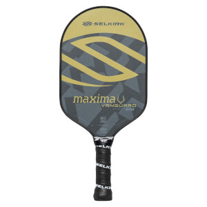 Front view of a black pickleball paddle with a gold S-curve design, maxima text, and Selkirk branding.