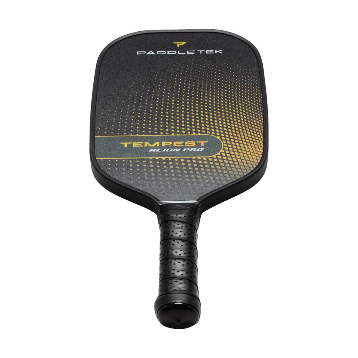 Front view of a black pickleball paddle with PADDLETEK and TEMPEST REIGN PRO text, and a yellow dot gradient.