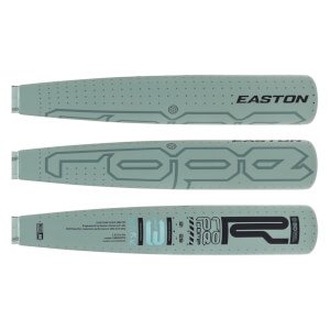 Three distinct views of a light green baseball bat with EASTON and ROPE branding, and technical specifications.