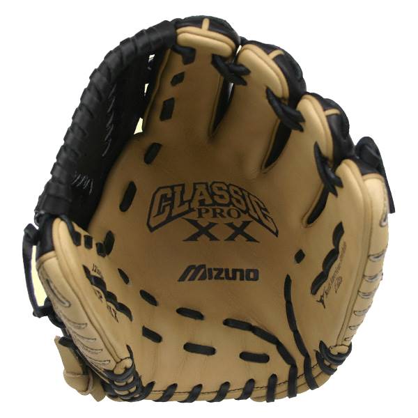 Top-down view of a tan baseball glove with black lacing and CLASSIC PRO XX branding.