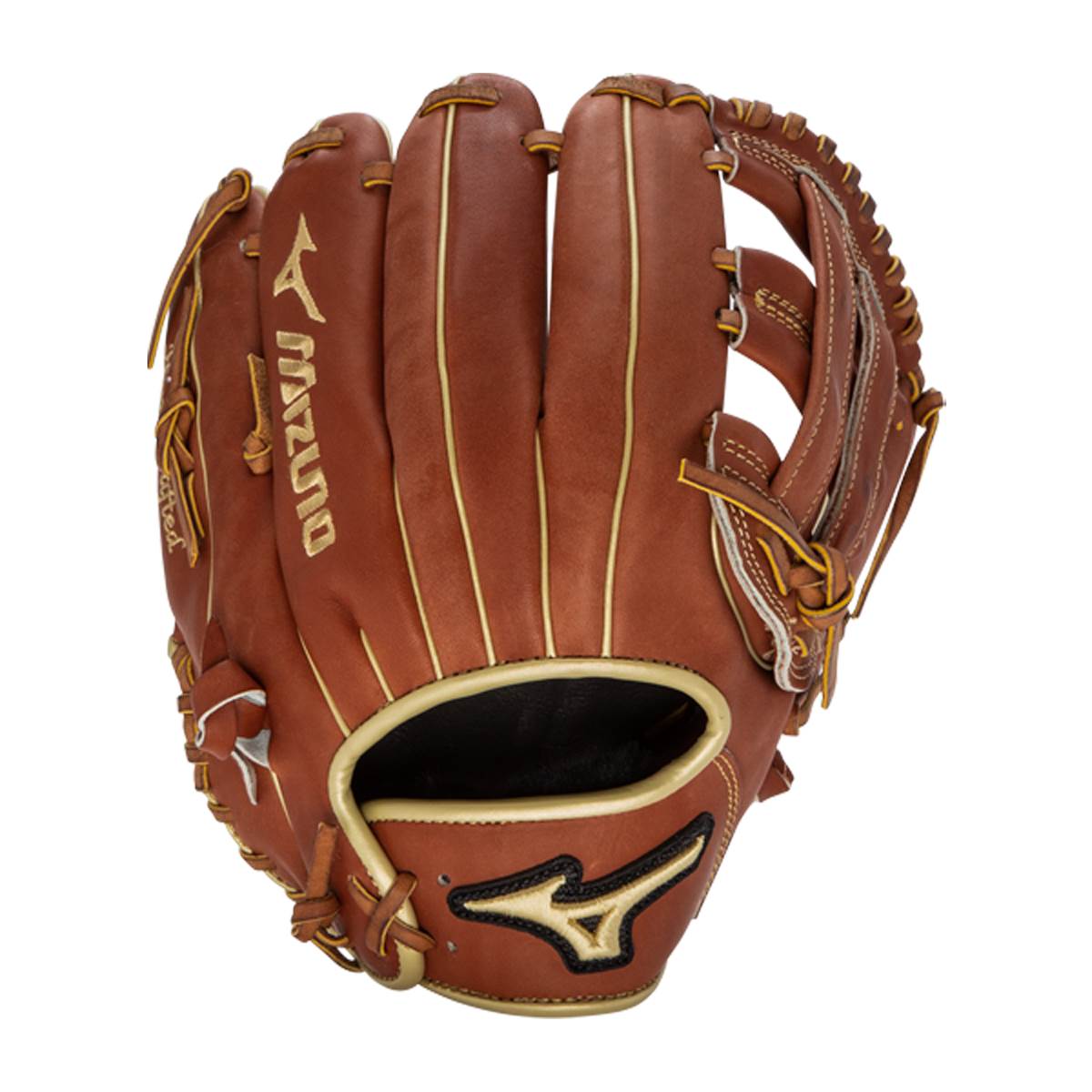 Front view of a brown baseball glove with gold Mizuno branding and white stitching.