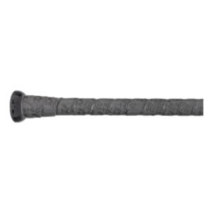 Side view of a black baseball bat with a textured grip and a glossy end cap.