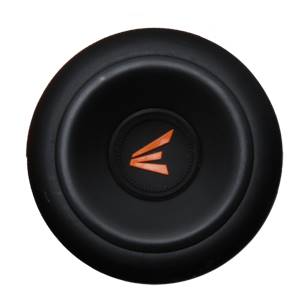 Top-down view of a black baseball bat end cap with an orange Easton logo.