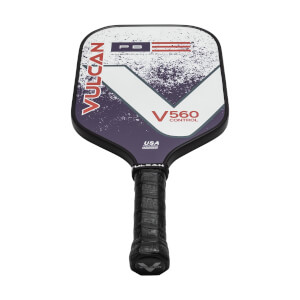 Top-down view of a purple and white pickleball paddle with VULCAN branding and V560 CONTROL text.