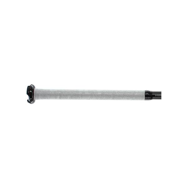 Side view of a white DeMarini CF9 bat with a textured grip and black end cap.