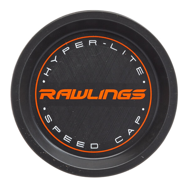 Top-down view of a black baseball bat end cap with orange Rawlings logo, HYPER-LITE, and SPEED CAP text.