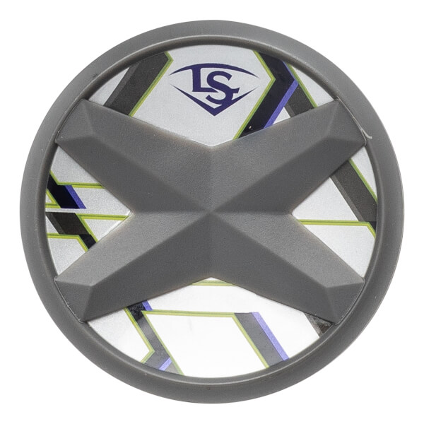 Top-down close-up of a gray fastpitch bat end cap with a raised X, geometric pattern, and LS logo.