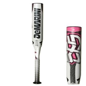 Front view of a white DeMarini CF5 Hope fastpitch softball bat with black lettering and pink accents.