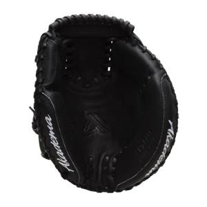 Top-down view of a black catchers mitt with Akadema branding and APM40 text.