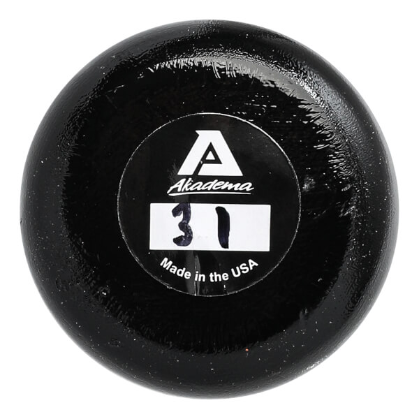 Top-down view of a black baseball bat with Akadema logo and 31 size marking.