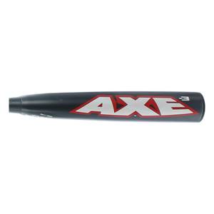 Side view of a black baseball bat with a white AXE logo and red outline.