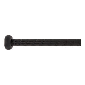Side view of a black baseball bat with a textured grip and rounded knob.