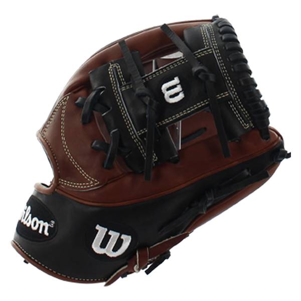 Corner view of a brown and black baseball glove with white stitching and a Wilson logo.